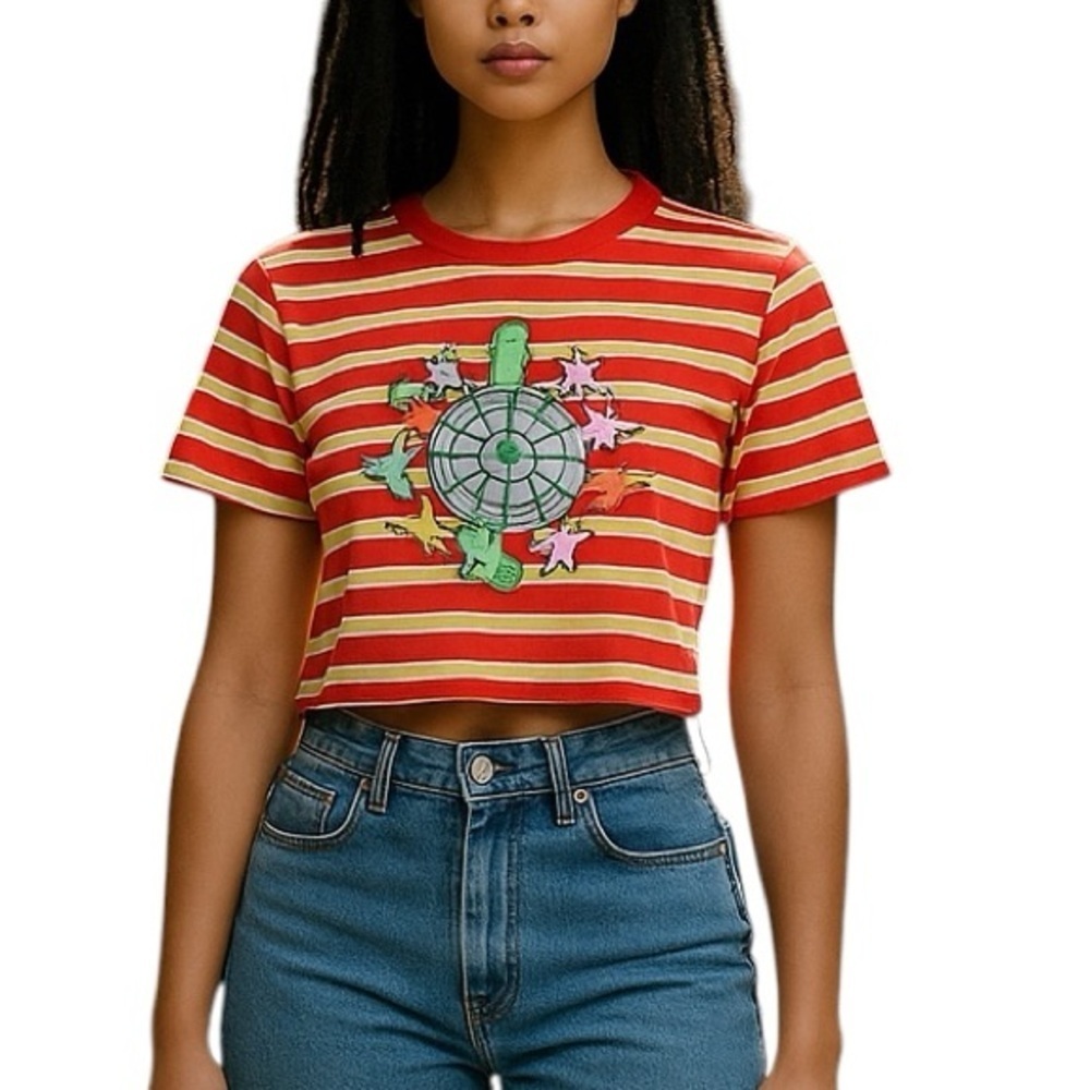 A•Lab XS Quinnie Red Stripe Cropped Globe Alien Graphic Tshirt  Streetwear